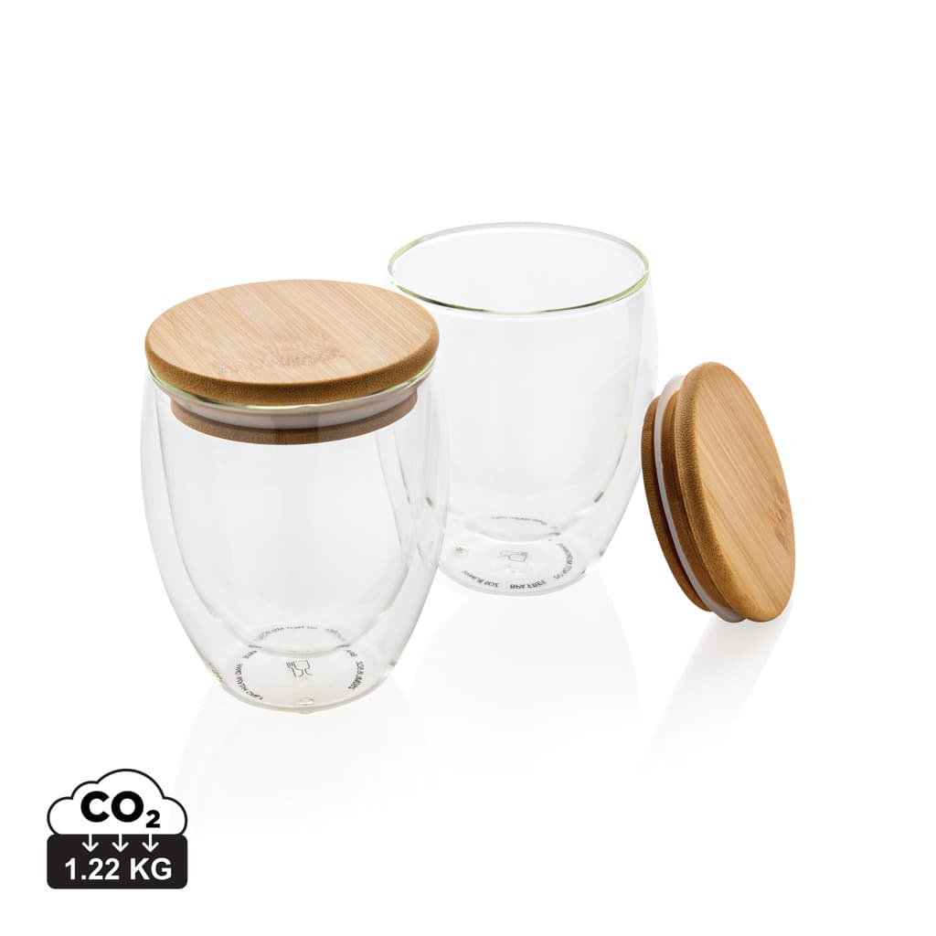 Dubbelväggigt borosilikatglas med bambulock, 250ml, 2-pack – bild 1