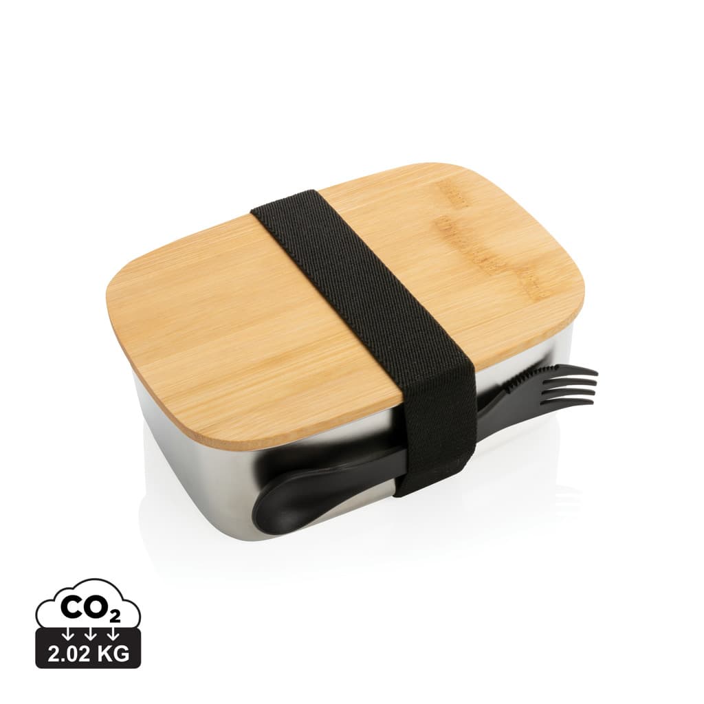 Stainless steel lunchlåda med bambulock och skedgaffel – bild 1
