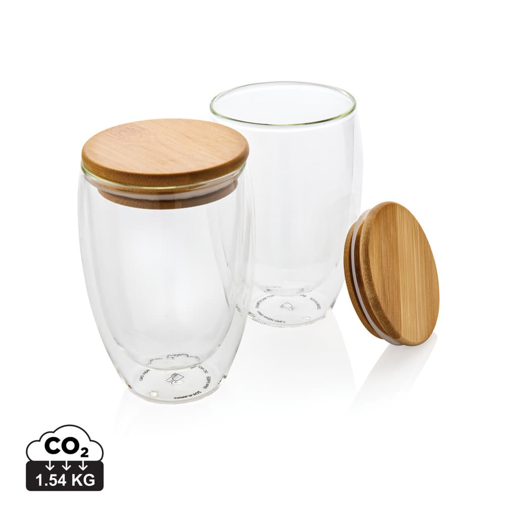Dubbelväggigt borosilikatglas med bambulock, 350ml, 2-pack – bild 1