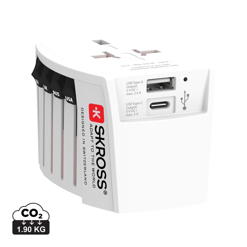SKROSS världsreseadapter MUV 2-polig med USB A och C – bild 1